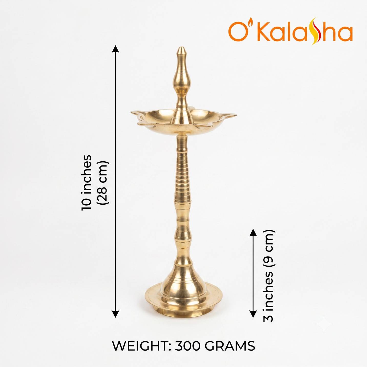O'Kalasha Pure Brass Nilavilakku - Traditional Kerala Puja Kuttu Vilakku Lamp (11 inches)